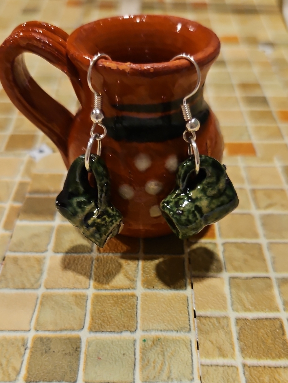 Handmade Green Ceramic Mug Earrings - Women Jewelry